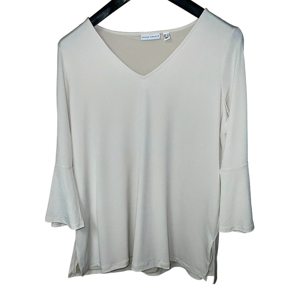 Susan Graver Top Womens Large Liquid Knit 3/4 Flare Sleeve Goldtone Ring Detial